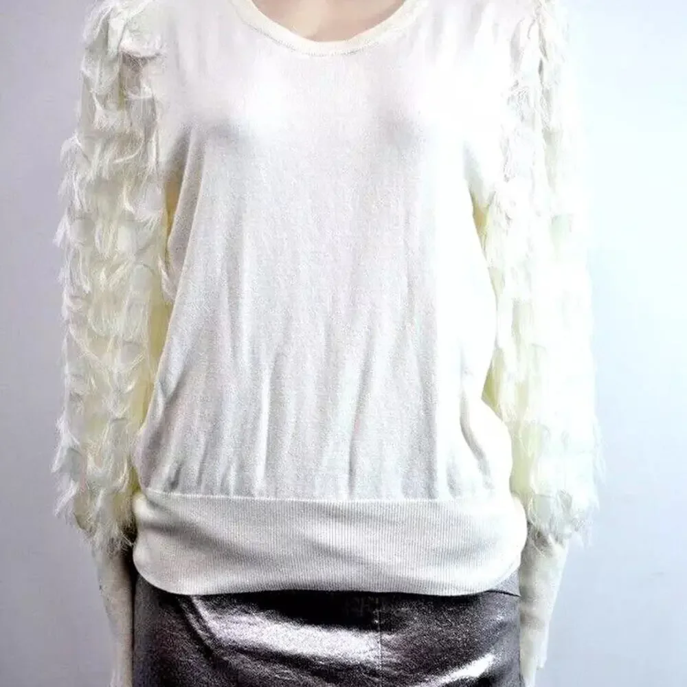 Calligraphie IVORY feather/ fringe sleeve sweater size M